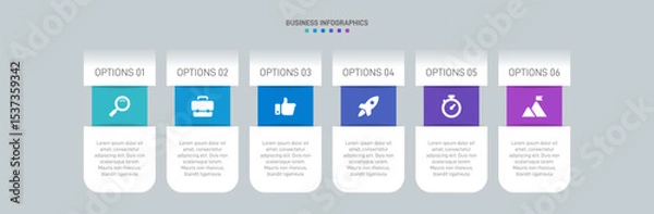 Fototapeta Horizontal progress bar featuring 6 arrow-shaped elements, symbolizing the six stages of business strategy and progression. Clean timeline infographic design template. Vector for presentation