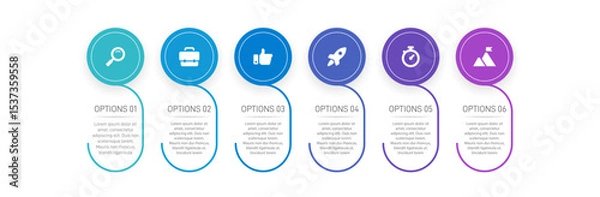 Fototapeta Horizontal progress bar featuring 6 arrow-shaped elements, symbolizing the six stages of business strategy and progression. Clean timeline infographic design template. Vector for presentation