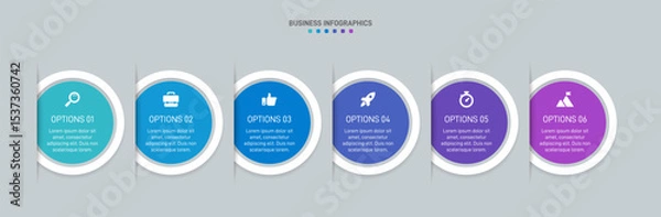 Fototapeta Horizontal progress bar featuring 6 arrow-shaped elements, symbolizing the six stages of business strategy and progression. Clean timeline infographic design template. Vector for presentation