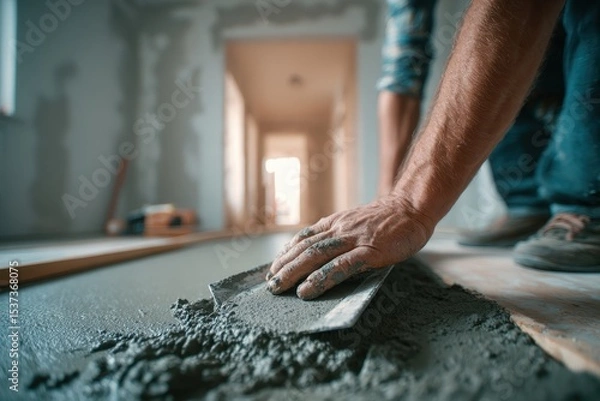 Obraz A construction worker carefully smoothing a concrete floor with a trowel, demonstrating precision and skill in the renovation of an interior space.