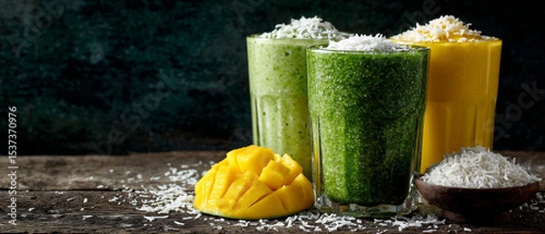 Obraz Three smoothies in glasses with mango and coconut flakes on a wooden surface against a dark background