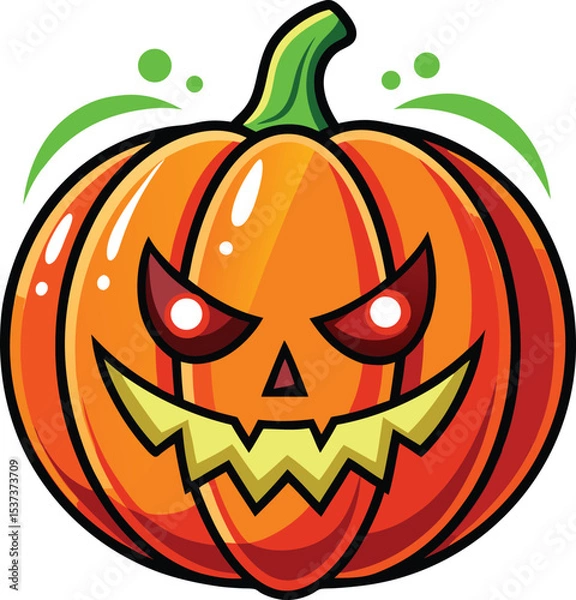 Fototapeta Spooky Halloween pumpkin jack-o-lantern with an evil smile, isolated on white for autumn holiday decoration