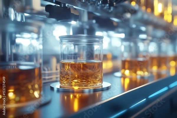 Fototapeta Close up of clear glass jars filled with amber liquid on an automated production line setup