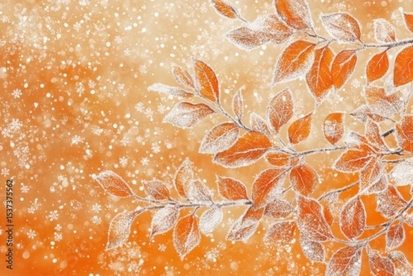 Fototapeta Frosted orange leaves on branches with falling snowflakes against orange background art