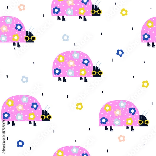 Fototapeta Seamless pattern with cute pink ladybugs. Childish print. Vector hand drawn illustration.