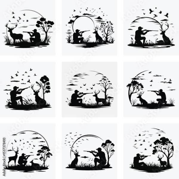 Fototapeta Set of Black Silhouettes of Hunters in Nature with Wildlife Animals and Birds in Forest and Field Scenes