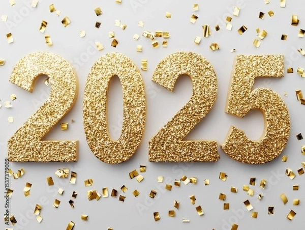 Fototapeta Golden Glitter 2025 New Year Flatlay Composition with Confetti, New Year's, Celebration New Year, 2025