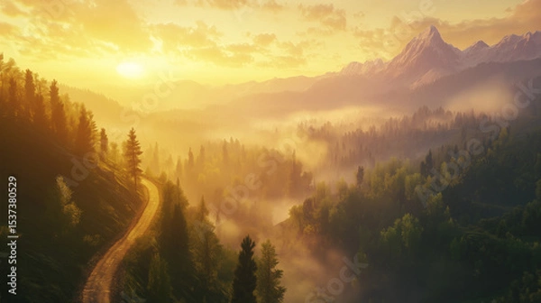 Fototapeta Atmospheric Road Leading into a Mysterious, Hazy Forest