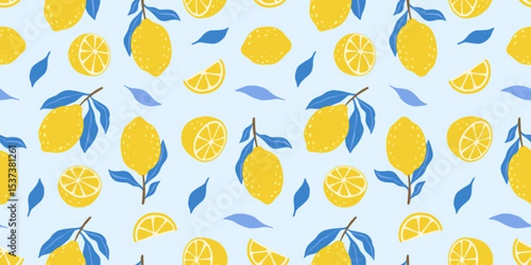 Obraz Hand drawn colorful seamless pattern of hand drawn lemons. Citrus fruit background. Perfect for textile manufacturing wallpaper posters etc. Vector illustration