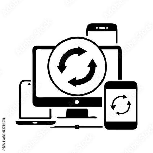 Fototapeta Data synchronization across multiple devices like desktop, laptop, tablet and mobile phone silhouette vector