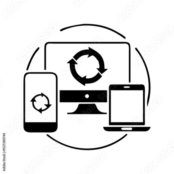 Fototapeta Digital Device Synchronization and Data Flow Across Multiple Platforms Illustrative Icon silhouette vector