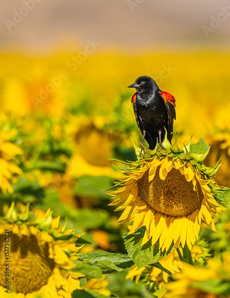 Obraz Red wing blackbird in a sunflower field in Maricopa Arizona 