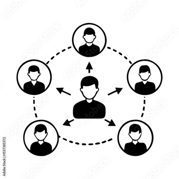 Fototapeta Illustration of a networking concept with a central person and satellites silhouette vector