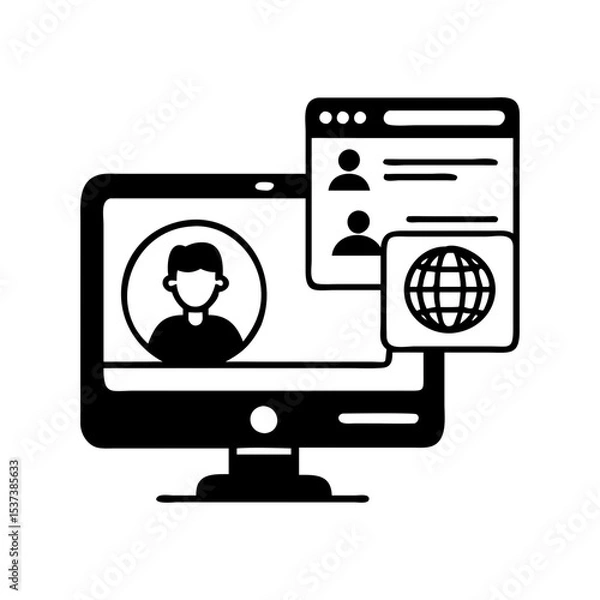 Fototapeta Computer display with profile, social network and global networking connections concept silhouette vector