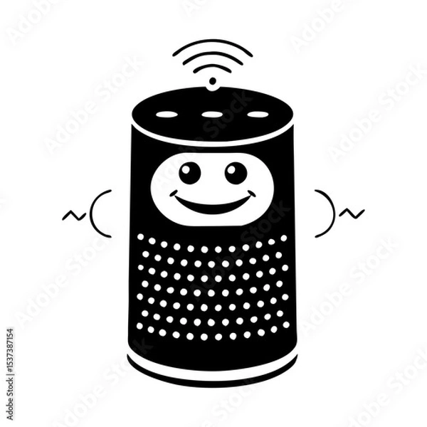 Fototapeta Stylized Smart Speaker with a Cheerful Expression and Wireless Connectivity Icon silhouette vector