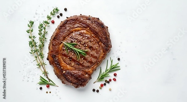 Obraz Grilled ribeye beef steak, herbs and spices. Top view with copy space for your text