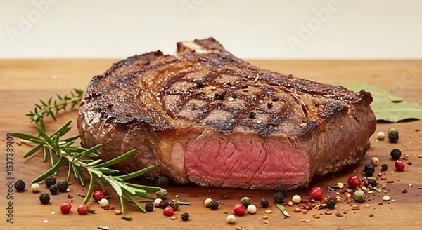 Obraz Grilled ribeye beef steak, herbs and spices. Top view with copy space for your text