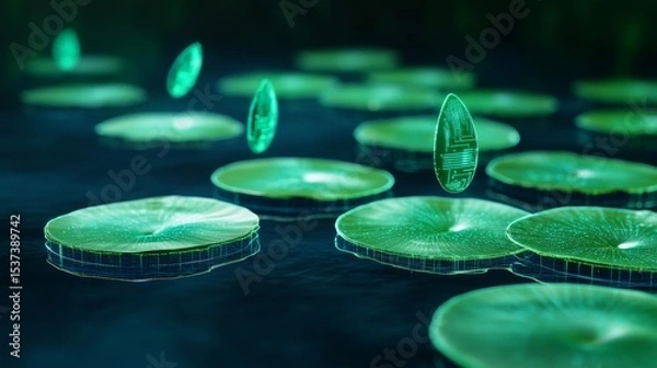 Obraz Glowing Lily Pads Digital Circuitry on Water, Tech , Nature