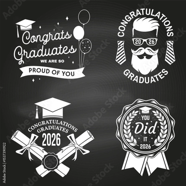 Fototapeta Set of posters and banners for class of 2026 graduation on the chalkboard. Vector. Congratulations graduates banner sticker card with academic hat for high school or college graduation