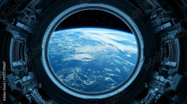 Fototapeta Spaceship interior. View on open space or planet. Futuristic sci-fi laboratory or corridor with neon light.