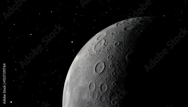 Fototapeta Close-Up View of Moon Surface with Detailed Craters, Rugged Terrain, and Starry Deep Space Background in Realistic 3D Style