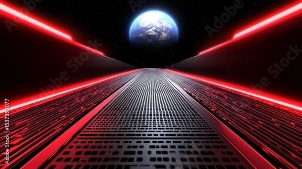 Fototapeta Spaceship interior. View on open space or planet. Futuristic sci-fi laboratory or corridor with neon light.