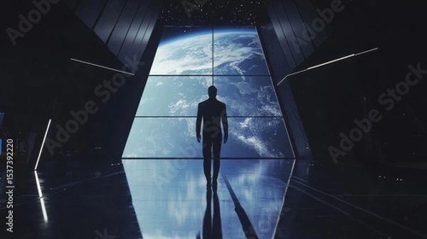 Fototapeta Spaceship interior. View on open space or planet. Futuristic sci-fi laboratory or corridor with neon light.