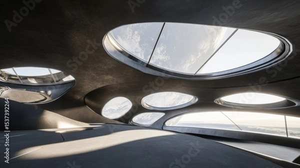 Fototapeta Spaceship interior. View on open space or planet. Futuristic sci-fi laboratory or corridor with neon light.