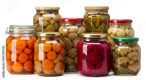 Obraz Various kinds preserves vegetables and mushrooms in glass jars.