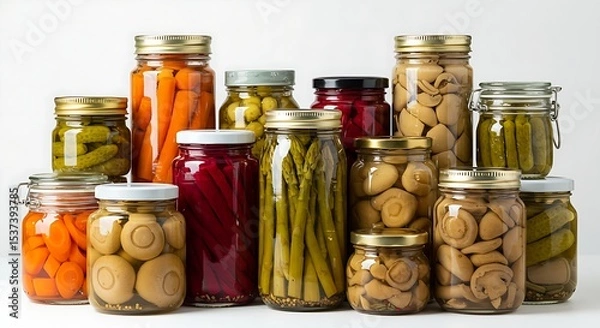 Obraz Various kinds preserves vegetables and mushrooms in glass jars.