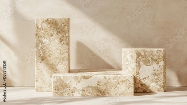 Fototapeta Pastel stone Podium background. Beige Concrete Material place for the product Display Presentation. Kitchen, cosmetics, jewellery podium advertising mockup photography in luxury style.