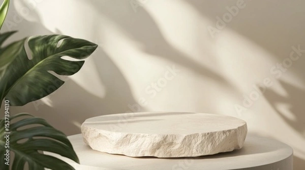 Fototapeta Pastel stone Podium background. Beige Concrete Material place for the product Display Presentation. Kitchen, cosmetics, jewellery podium advertising mockup photography in luxury style.