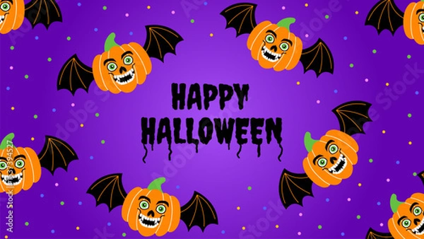 Fototapeta Halloween banner on a gradient purple background with smiling orange pumpkins with black bat wings