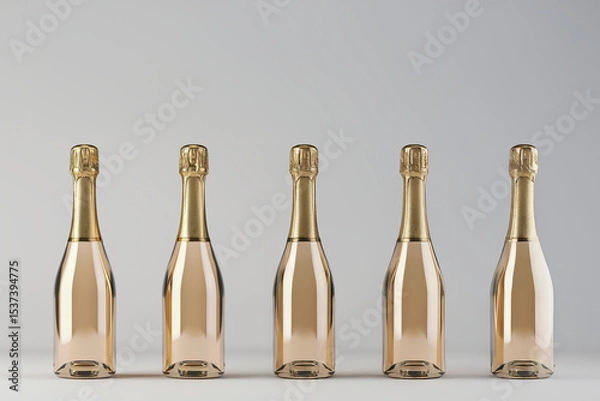 Obraz Mockup de bouteilles de champagne rosé alignées sur fond gris clair avec espace négatif copyspace, design épuré pour packaging ou publicité festive
