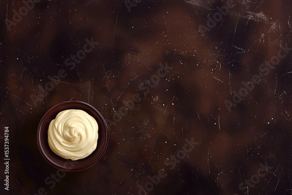 Obraz Bol de mayonnaise crémeuse sur fond marron texturé avec espace négatif copyspace, vue de dessus flat lay pour visuel culinaire ou fond graphique alimentaire