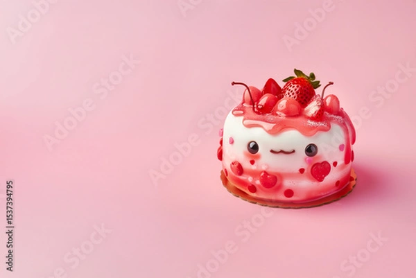 Obraz Charlotte aux fraises kawaii avec visage souriant et glaçage rose, décorée de fruits rouges et cœurs, sur fond rose avec espace négatif copyspace – style pastel et enfantin
