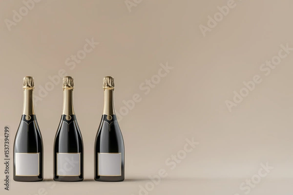 Obraz Trois bouteilles de champagne avec étiquettes vierges alignées à gauche sur fond beige avec espace négatif copyspace pour mockup ou publicité festive