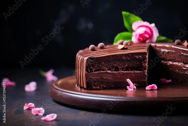 Obraz  Gâteau au chocolat nappé et fleuri sur plateau en bois avec tranches visibles, décoré de pétales roses sur fond sombre élégant