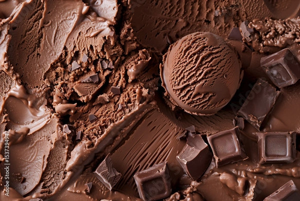 Obraz Crème glacée au chocolat avec boule et carrés de chocolat fondants sur texture onctueuse pour dessert gourmand et visuel appétissant