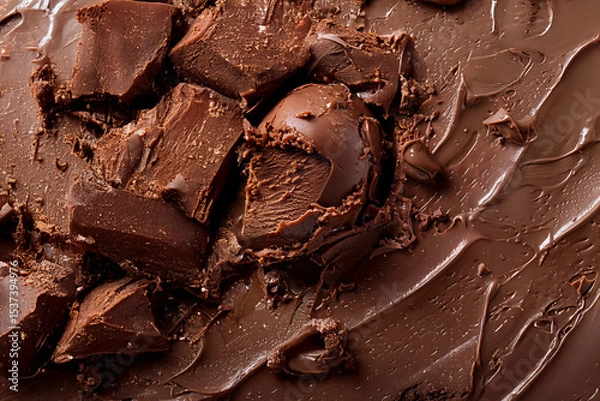 Obraz Crème glacée au chocolat avec boule et copeaux fondants sur texture onctueuse pour dessert gourmand, visuel rafraîchissant et sucré