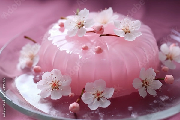 Obraz Dessert gélifié rose aux fleurs de cerisier sakura, douceur japonaise élégante servie sur une assiette en verre, inspiration printanière délicate et raffinée