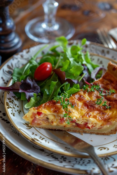 Obraz Part de quiche lorraine dorée servie avec salade verte et tomate cerise sur assiette élégante en céramique, repas traditionnel français rustique et convivial
