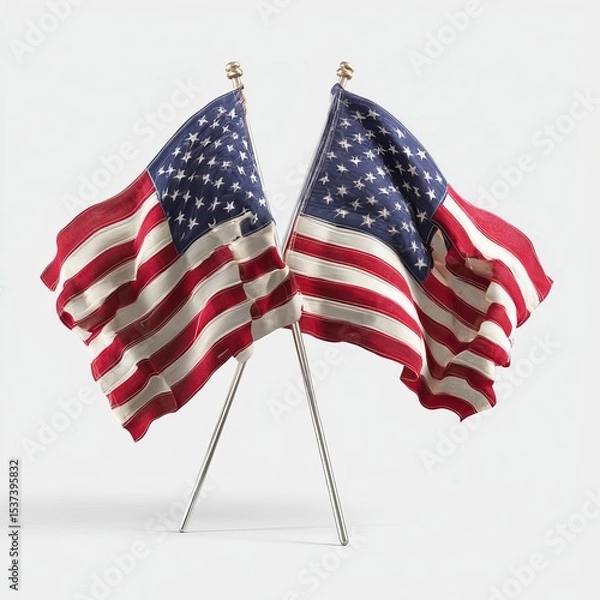 Fototapeta Two US flags isolated on white background, vector illustration. USA flag on pole.