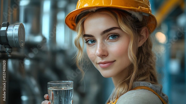 Obraz Young Female Model in Hard Hat – Close-Up Portrait at Construction Site