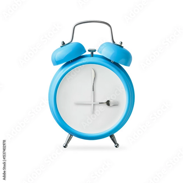 Obraz Falling blue alarm clock and white plate with fork and knife instead of hands on dial isolated on white background with clipping path. Healthy lifestyle concept. Diet or intermittent fasting concept