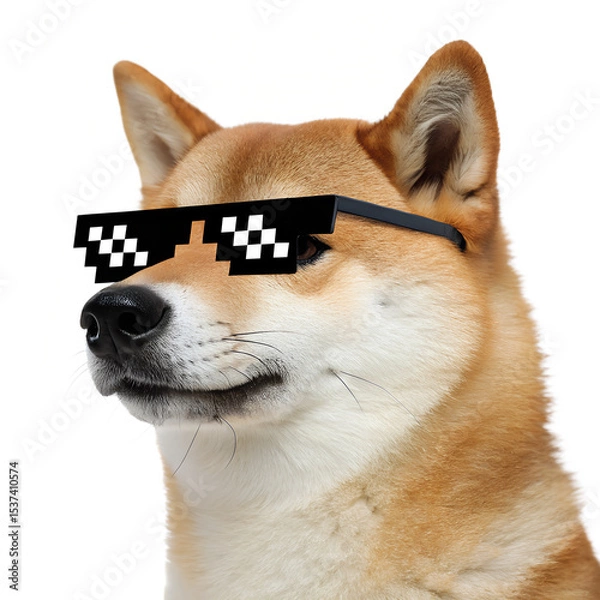 Fototapeta A Shiba Inu dog wearing pixelated sunglasses. The dog has a tan and white coat, with a confident expression. The background is black, emphasizing the dog's features.
