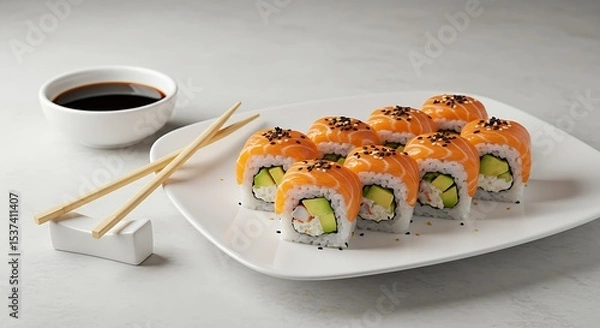 Obraz A set of fresh sushi rolls with salmon, avocado and black sesame seeds served on a plate with chopsticks