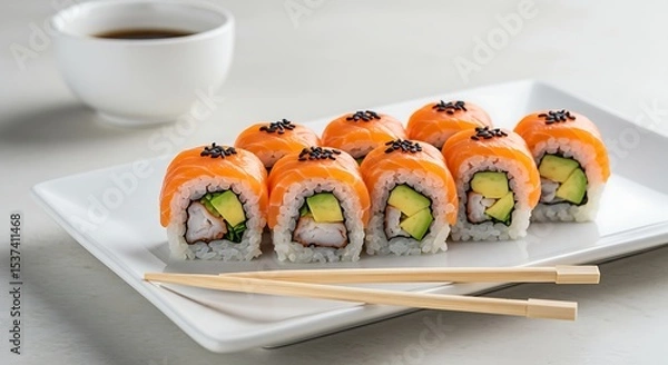 Obraz A set of fresh sushi rolls with salmon, avocado and black sesame seeds served on a plate with chopsticks