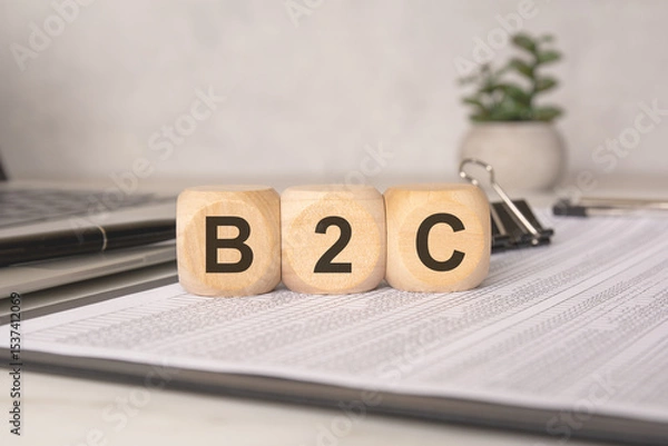 Obraz Wooden blocks with B2C letters on financial papers with laptop and office supplies