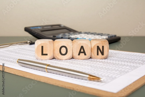 Obraz wooden blocks spelling LOAN on finance sheet